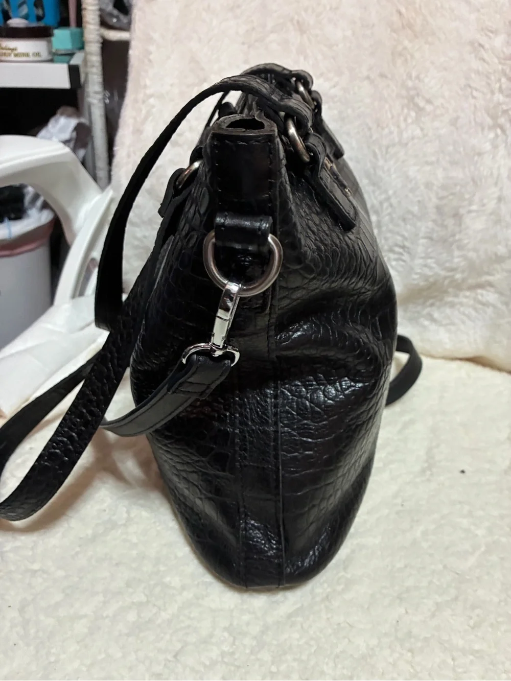 Patricia Nash Black Croc-Embossed Shoulder Bag with Gold Hardware